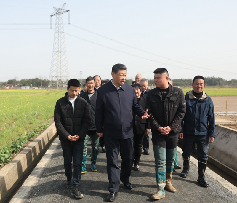 3月18日至21日，中共中央总书记、国家主席、中央军委主席习近平在湖南考察。这是19日下午，习近平在常德市鼎城区谢家铺镇港中坪村，同种粮大户、农技人员、基层干部亲切交流。