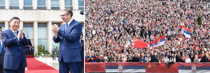 当地时间5月8日上午，国家主席习近平在贝尔格莱德塞尔维亚大厦同塞尔维亚总统武契奇举行会谈。会谈前，武契奇陪同习近平来到政府大厦平台（左图）。大厦广场上，一万五千名塞尔维亚民众挥舞中塞两国国旗，对习近平表示最热烈的欢迎（右图）。（拼版照片）